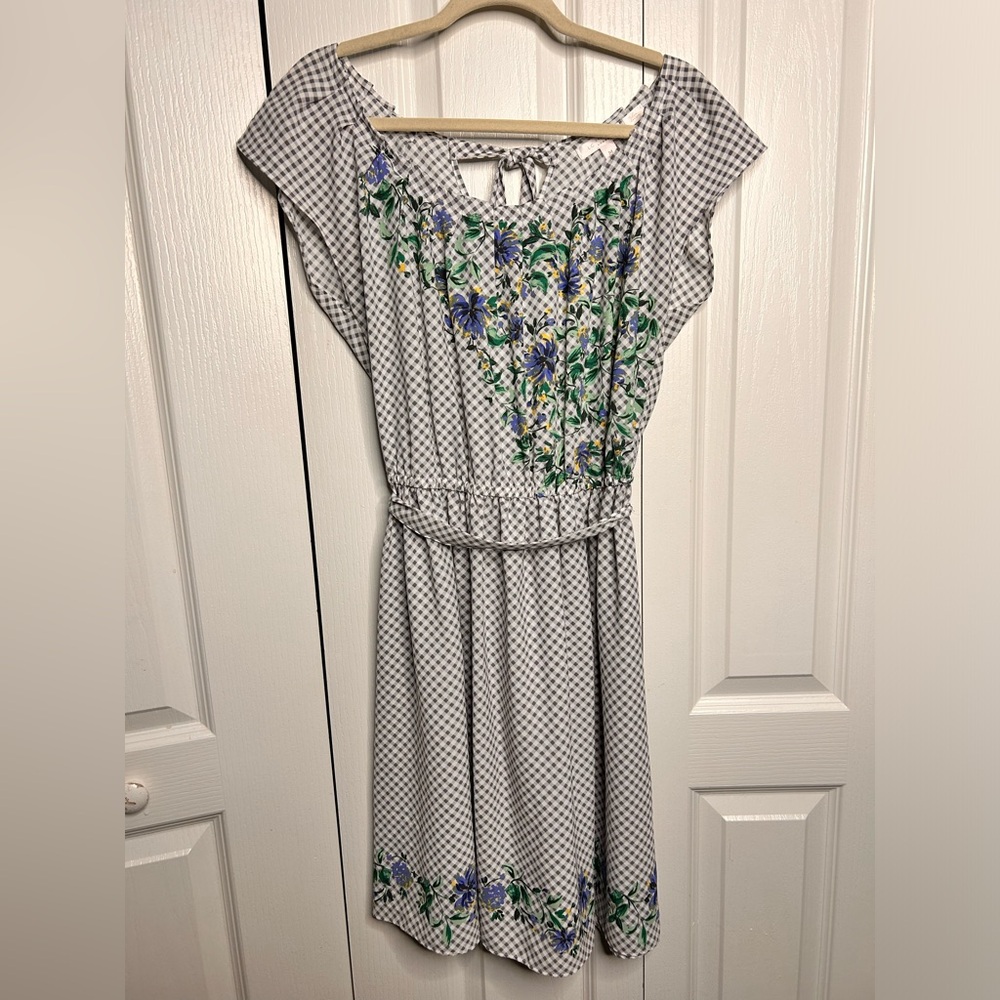 LC Lauren Conrad Blue Gingham Floral Dress Medium Open Tie Back Pleat Neck